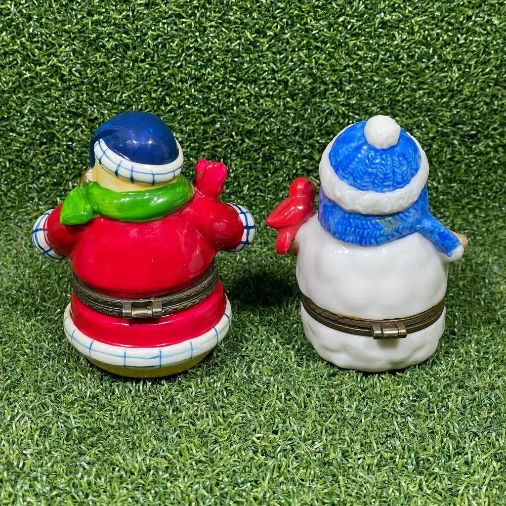 Vintage Lot of 2 Porcelain Snowman Trinket Box Christmas Decor